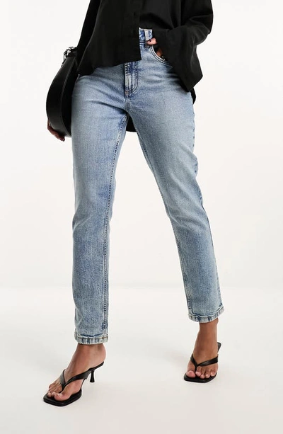 Asos Design High Waist Slim Mom Jeans In Mid Blue