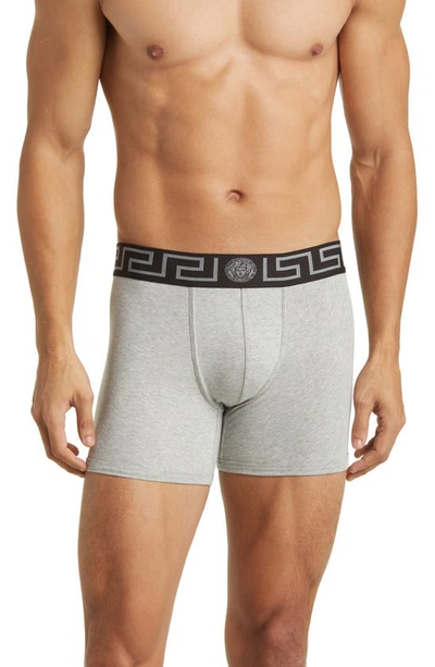 Versace Long Stretch Cotton Trunks In Grey Melange Black Silver