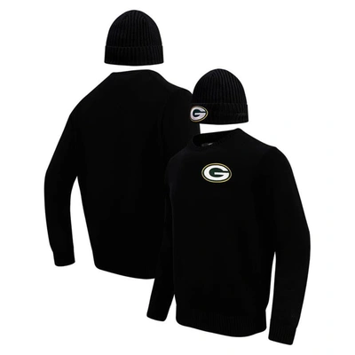 Pro Standard Men's  Black Green Bay Packers Crewneck Pullover Sweater And Cuffed Knit Hat Box Gift Se