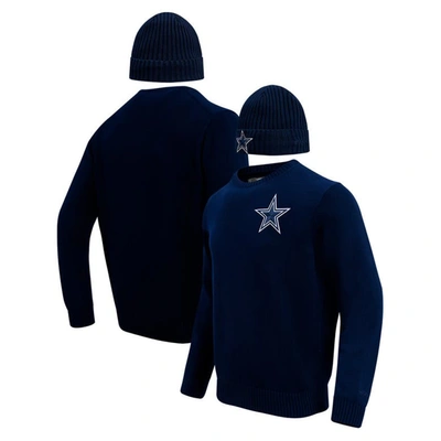 Pro Standard Men's  Navy Dallas Cowboys Crew Neck Pullover Sweater And Cuffed Knit Hat Box Gift Set