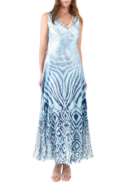 Komarov Lace-up Charmeuse & Lace Maxi Dress In Aqua Ikat Zebra