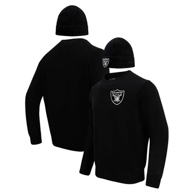 Pro Standard Men's  Black Las Vegas Raiders Crewneck Pullover Sweater And Cuffed Knit Hat Box Gift Se