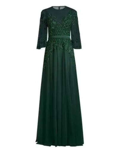 Basix Black Label Embroidered Sheer Sleeve Gown In Hunter Green