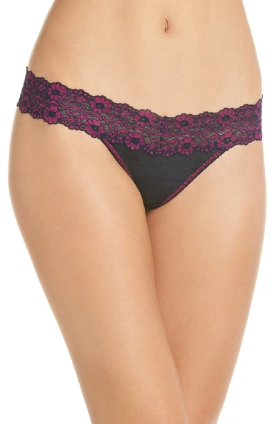 Hanky Panky Heathered Jersey & Lace Original-rise Thong In Navy/ Bright Amethyst Pink