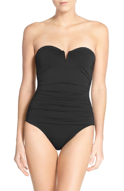 Tommy Bahama Pearl Solids V-wire Shirred Bandeau One-piece Swimsuit In Black