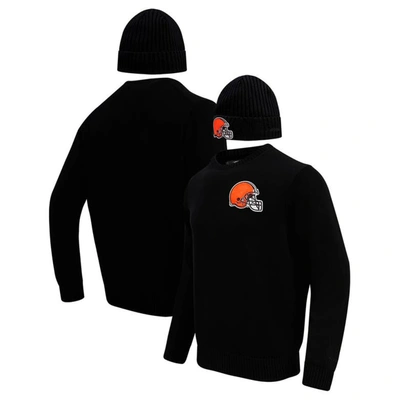 Pro Standard Men's  Black Cleveland Browns Crewneck Pullover Sweater And Cuffed Knit Hat Box Gift Set