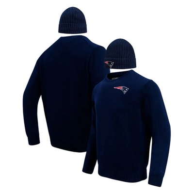 Pro Standard Men's  Navy New England Patriots Crewneck Pullover Sweater And Cuffed Knit Hat Box Gift
