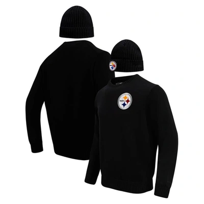 Pro Standard Men's  Black Pittsburgh Steelers Crewneck Pullover Sweater And Cuffed Knit Hat Box Gift