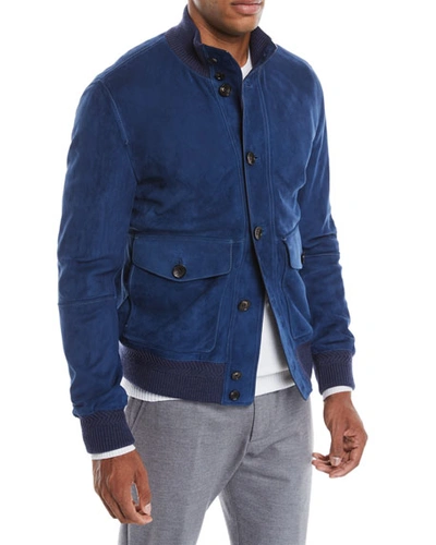 Ermenegildo Zegna Men's Button-front Suede Bomber Jacket In Blue