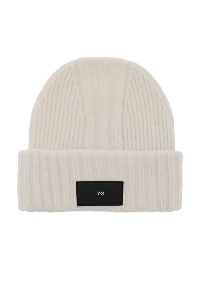 Y-3 Beanie Hat In Ribbed Wool With Logo Patch In White