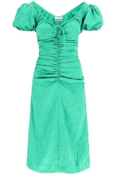 Ganni Crinkle Satin Midi Dress In Bright Green