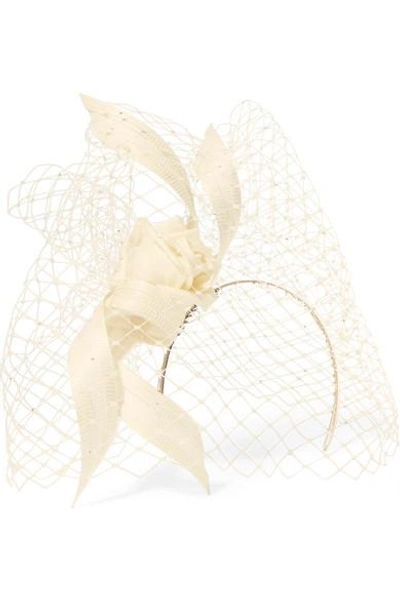 Philip Treacy Crystal-embellished Mesh, Satin And Buntal Straw Headpiece In Ivory