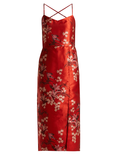 Johanna Ortiz El Dia Que Me Quieras Floral-print Satin Dress In Renaissance Victorian Red