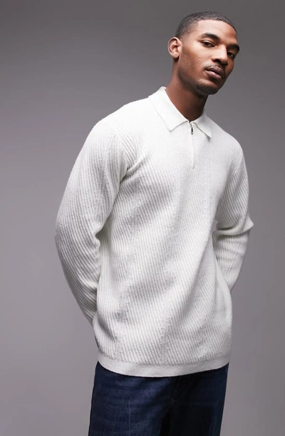 Topman Chevron Rib Quarter Zip Sweater In White