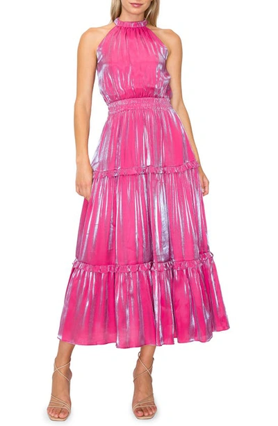 Melloday Mock Neck Tiered Dress In Pink