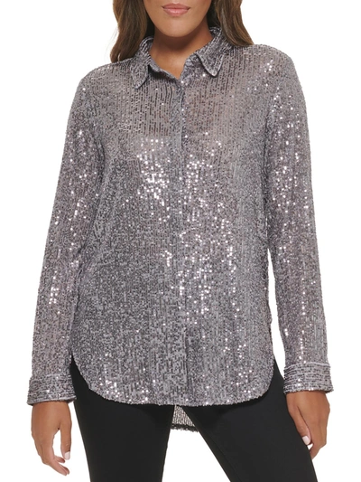 Calvin Klein Womens Sequined Collared Blouse In Multi