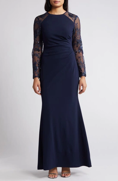 Eliza J Sequin Embroidered Long Sleeve Gown In Navy