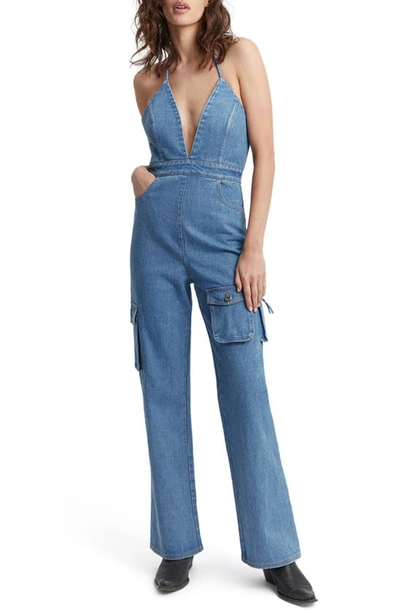 Bardot Zerah Denim Cargo Halter Jumpsuit In Vintage Blue