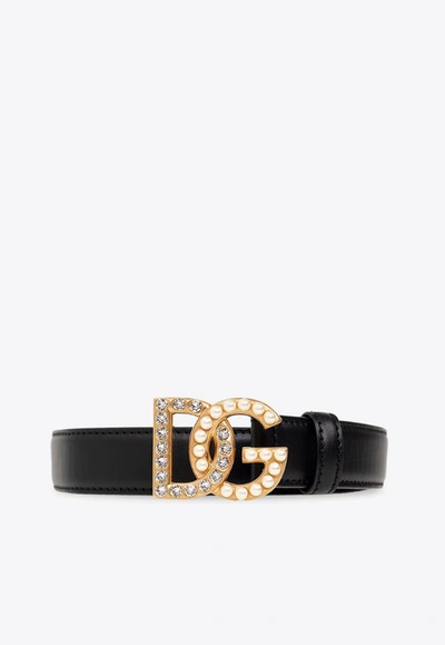 Dolce & Gabbana Embellished Dg Logo Leather Belt In Black