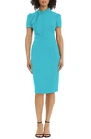 Maggy London Tie Neck Puff Sleeve Scuba Crepe Dress In Capri