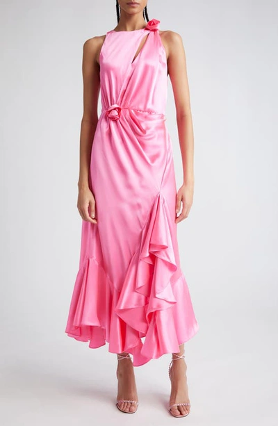 Cinq À Sept Flower-detail Silk Midi Dress In Electric Pink