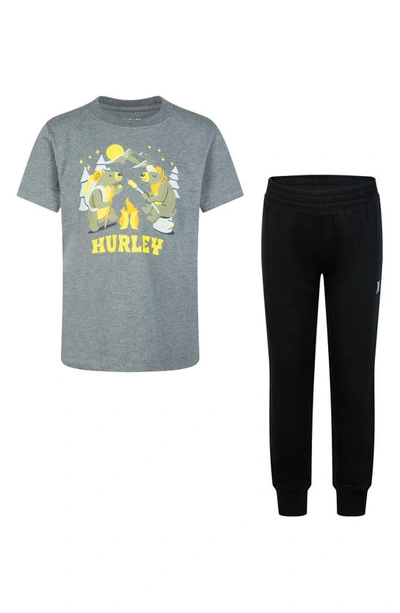 Hurley Kids' Short Sleeve Gfx T-shirt & Fleece Pants Set In Charcoal Heather