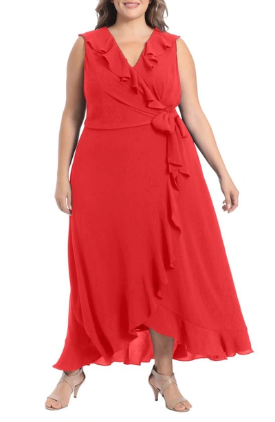 London Times Ruffle Sleeveless Faux Wrap Maxi Dress In Salsa Red