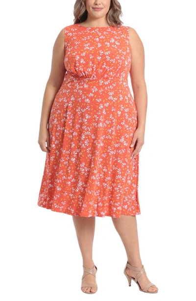 London Times Floral Sleeveless Fit & Flare Midi Dress In Orange/ Yellow