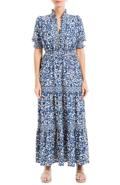 Max Studio Floral Short Sleeve Tiered Maxi Dress In Blue Floral