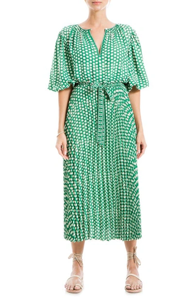 Max Studio Floral Pleated Crepe Midi Dress In Green/ White