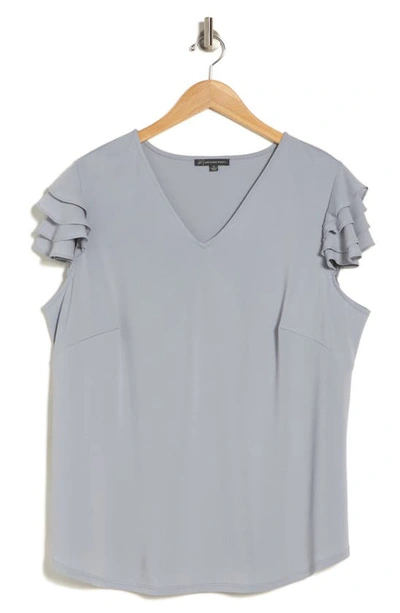 Adrianna Papell V-neck Flutter Sleeve Mixed Media Top In Silver Mist