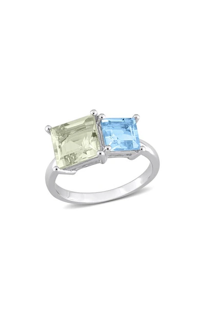 Delmar Square Green Quartz & Blue Quartz Ring In Silver/ Green/ Blue