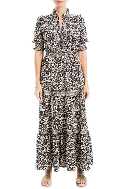 Max Studio Floral Short Sleeve Tiered Maxi Dress In Black Floral