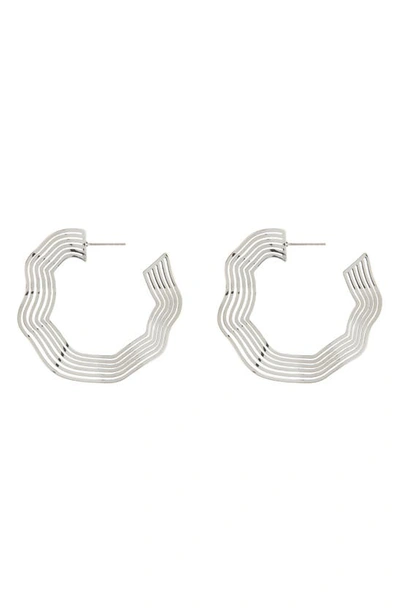 Open Edit Wavy Coil Hoop Earrings In Rhodium