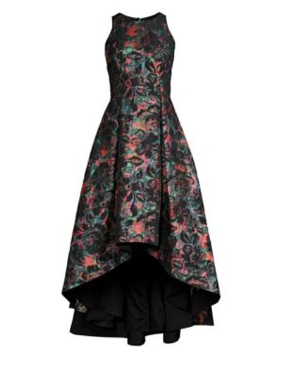 Aidan Mattox Sleeveless Jewel-neck Floral-jacquard High-low Formal Gown Dress In Black Multi