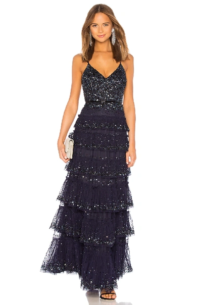 Parker Black Miranda Tiered Sequin Tulle Formal Gown Dress In Dark Denim