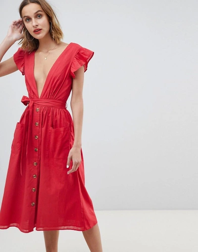 Neon Rose Button Front Midi Dress With Flutter Sleeves - Red