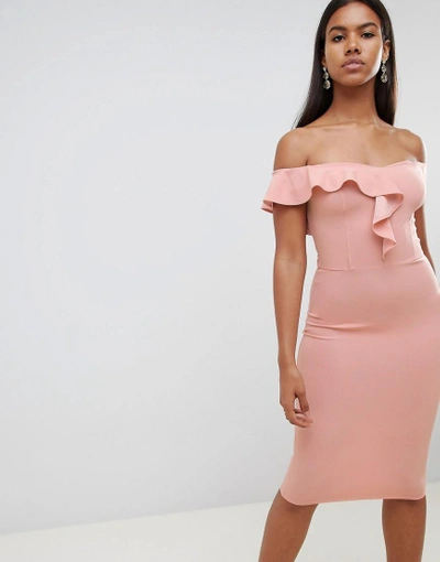 Ax Paris Bardot Midi Dress With Frill Detail - Pink