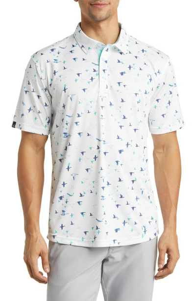 Swannies Corbin Bird Print Golf Polo In White/ Aqua