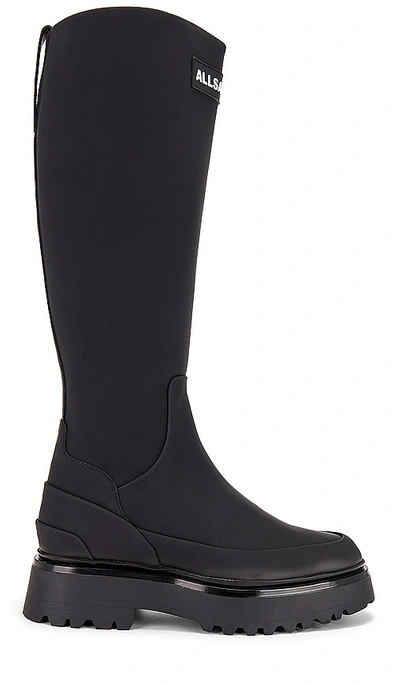 Allsaints Octavia Knee High Leather Logo Boots In Black