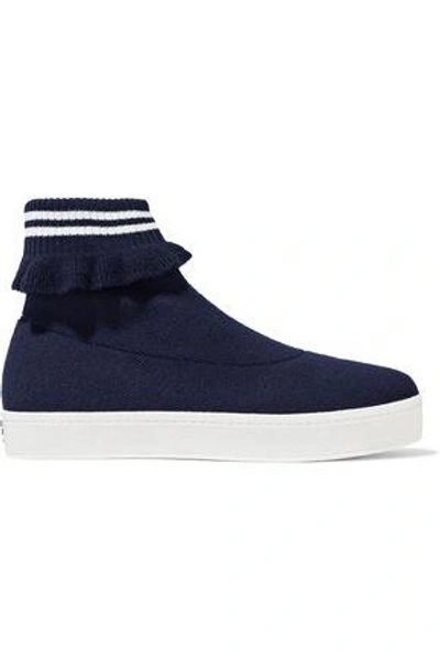 Opening Ceremony Woman Ruffle-trimmed Stretch-knit Platform High-top Sneakers Navy