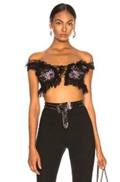 Dundas Lace Embroidered Crop Top In Black,floral. In Black & Red