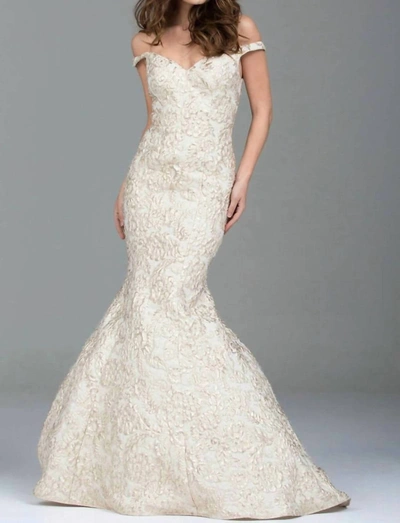 Jovani Off Shoulder In Crème And Gold In Multi