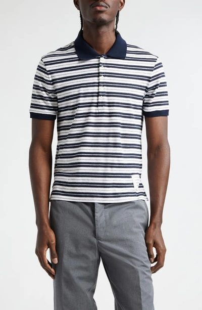 Thom Browne Stripe Stretch Linen Polo In Grey