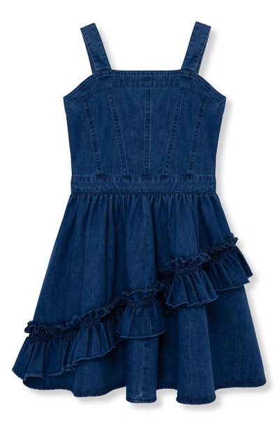 Habitual Kids' Ruffle Cotton Blend Denim Dress In Indigo