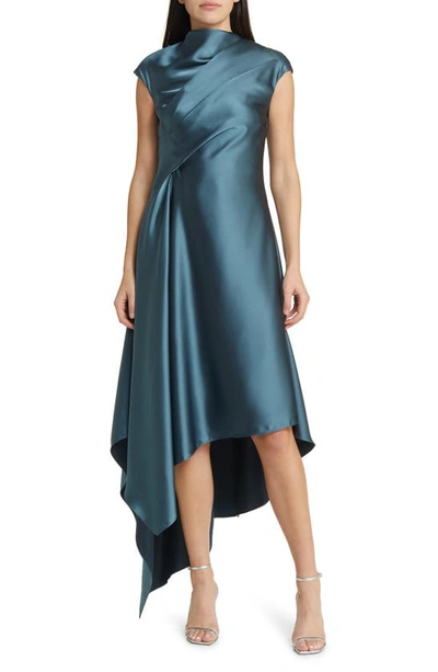 Amsale Drape Asymmetric Hem Satin Cocktail Dress In Petrol