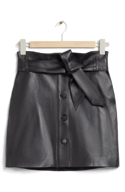 & Other Stories Belted Leather A-line Miniskirt In Black