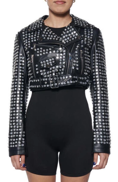 Azalea Wang Gazette Studded Crop Faux Leather Moto Jacket In Black