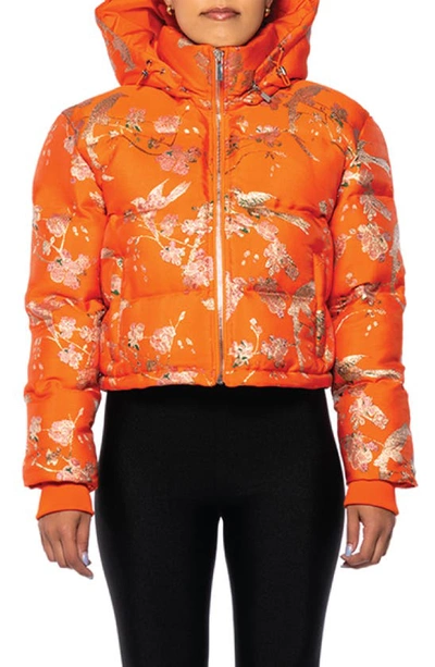 Azalea Wang Brocade Print Crop Puffer Jacket With Removable Hood In Orange