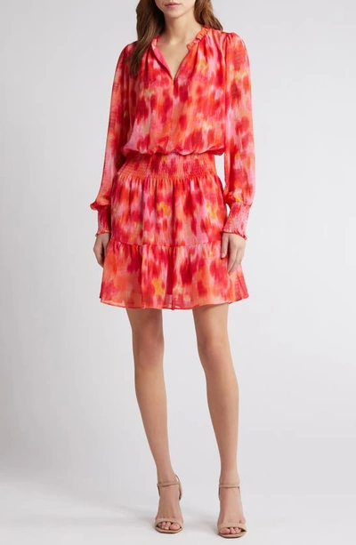 Chelsea28 Floral Print Long Sleeve Chiffon Dress In Pink- Orange Combo